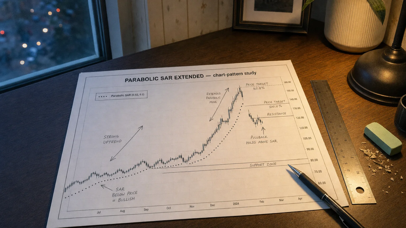 Printed candlestick chart annotated with hand-drawn parabolic sar extended pattern markers on an analyst desk.