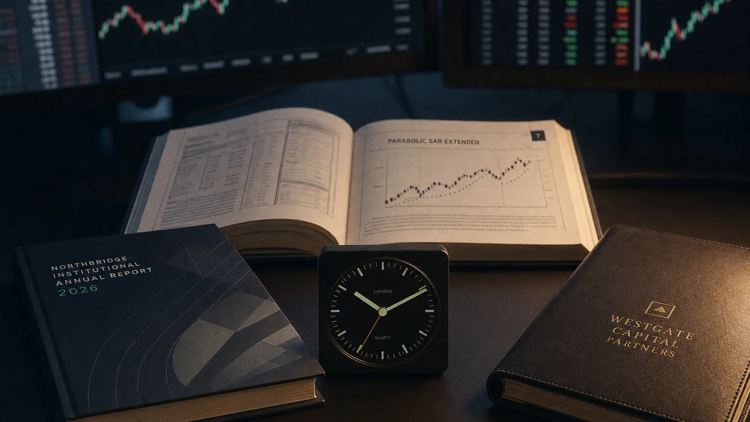 Trading-desk artifact representing parabolic sar extended — textbook page and bull-or-bear desk sculpture.