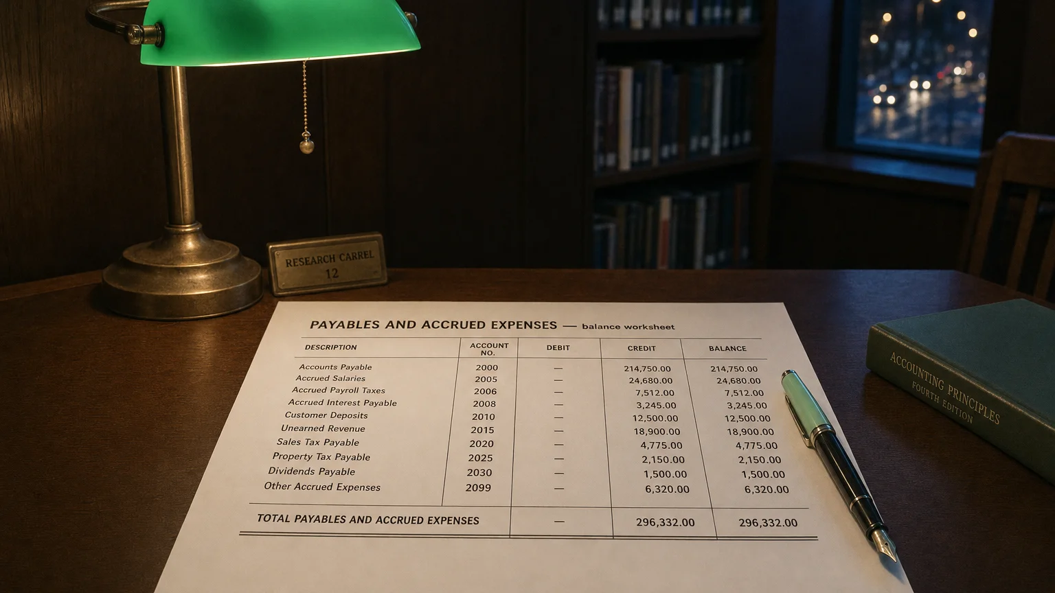Accounting worksheet showing payables and accrued expenses line items with neat column totals and a fountain pen.