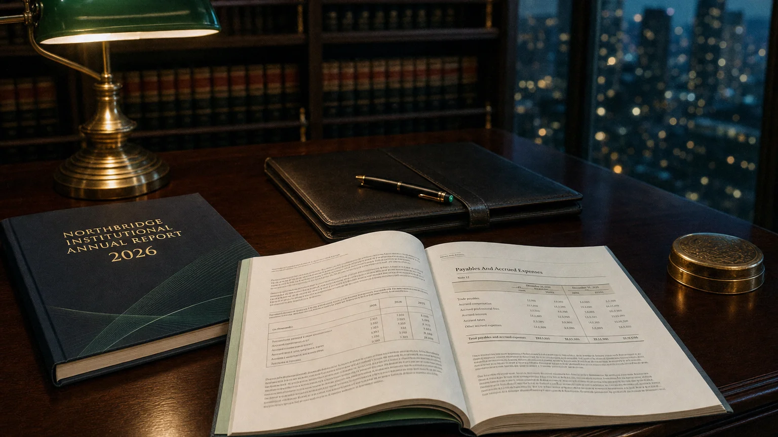 Corporate ledger or annual-report booklet open to the payables and accrued expenses chapter on a wooden desk.
