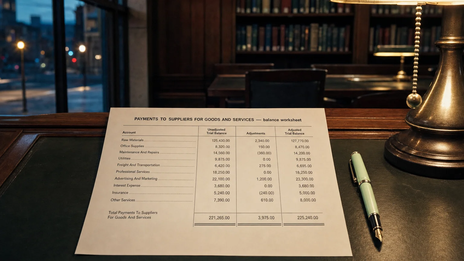 Accounting worksheet showing payments to suppliers for goods and services line items with neat column totals and a fountain pen.