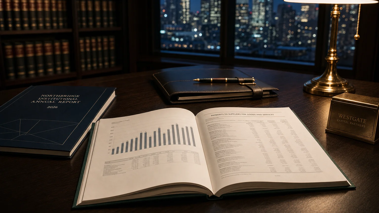 Corporate ledger or annual-report booklet open to the payments to suppliers for goods and services chapter on a wooden desk.