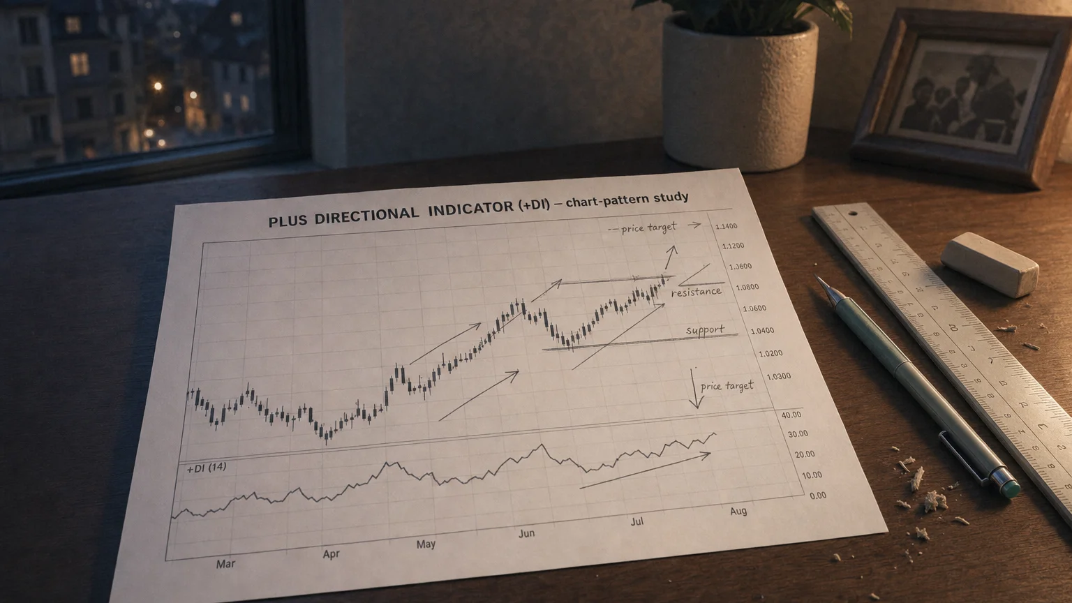 Printed candlestick chart annotated with hand-drawn plus directional indicator (+di) pattern markers on an analyst desk.