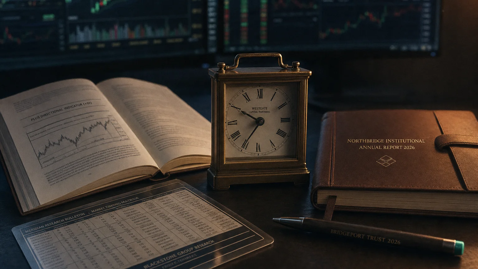 Trading-desk artifact representing plus directional indicator (+di) — textbook page and bull-or-bear desk sculpture.