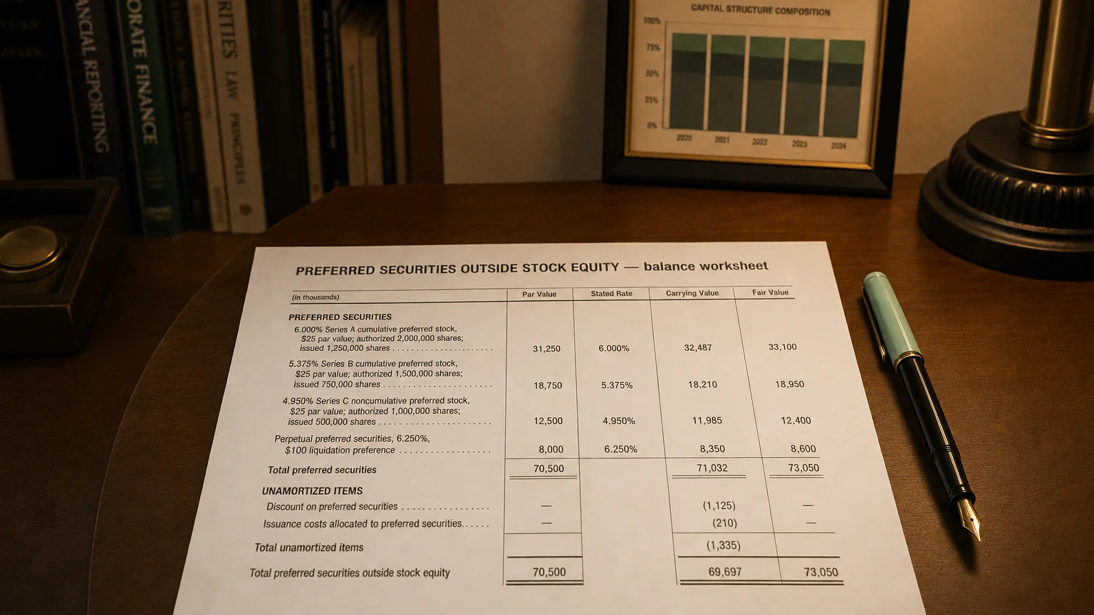 Accounting worksheet showing preferred securities outside stock equity line items with neat column totals and a fountain pen.