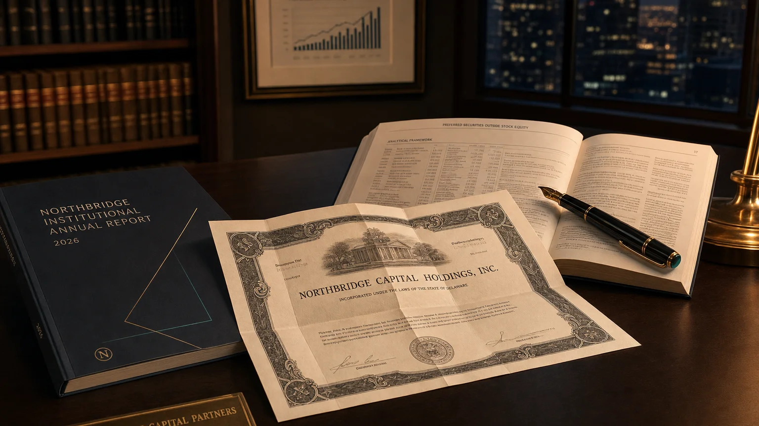Corporate ledger or annual-report booklet open to the preferred securities outside stock equity chapter on a wooden desk.