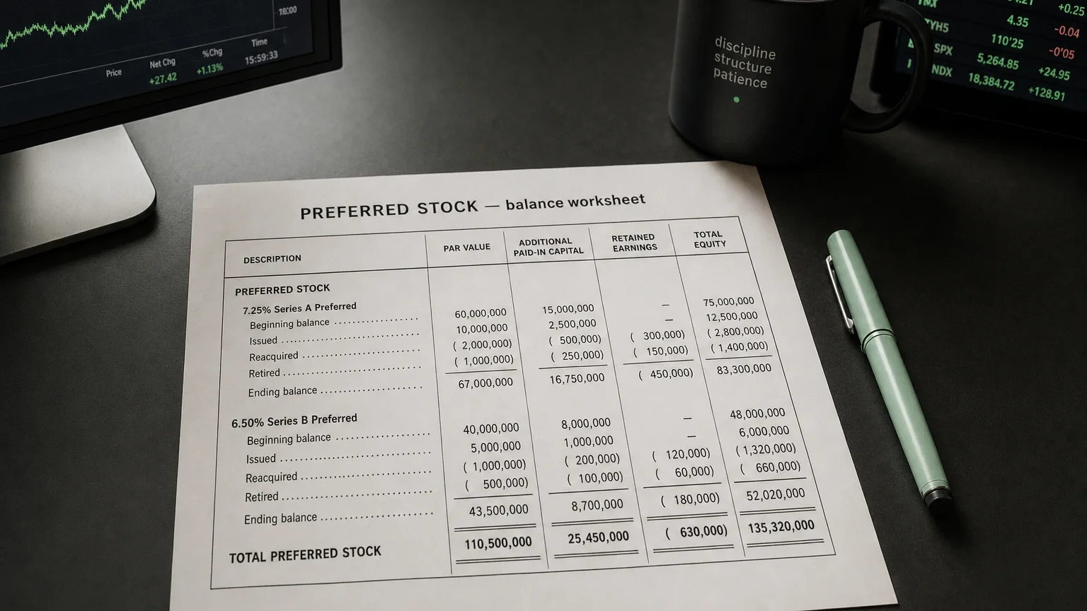 Accounting worksheet showing preferred stock line items with neat column totals and a fountain pen.
