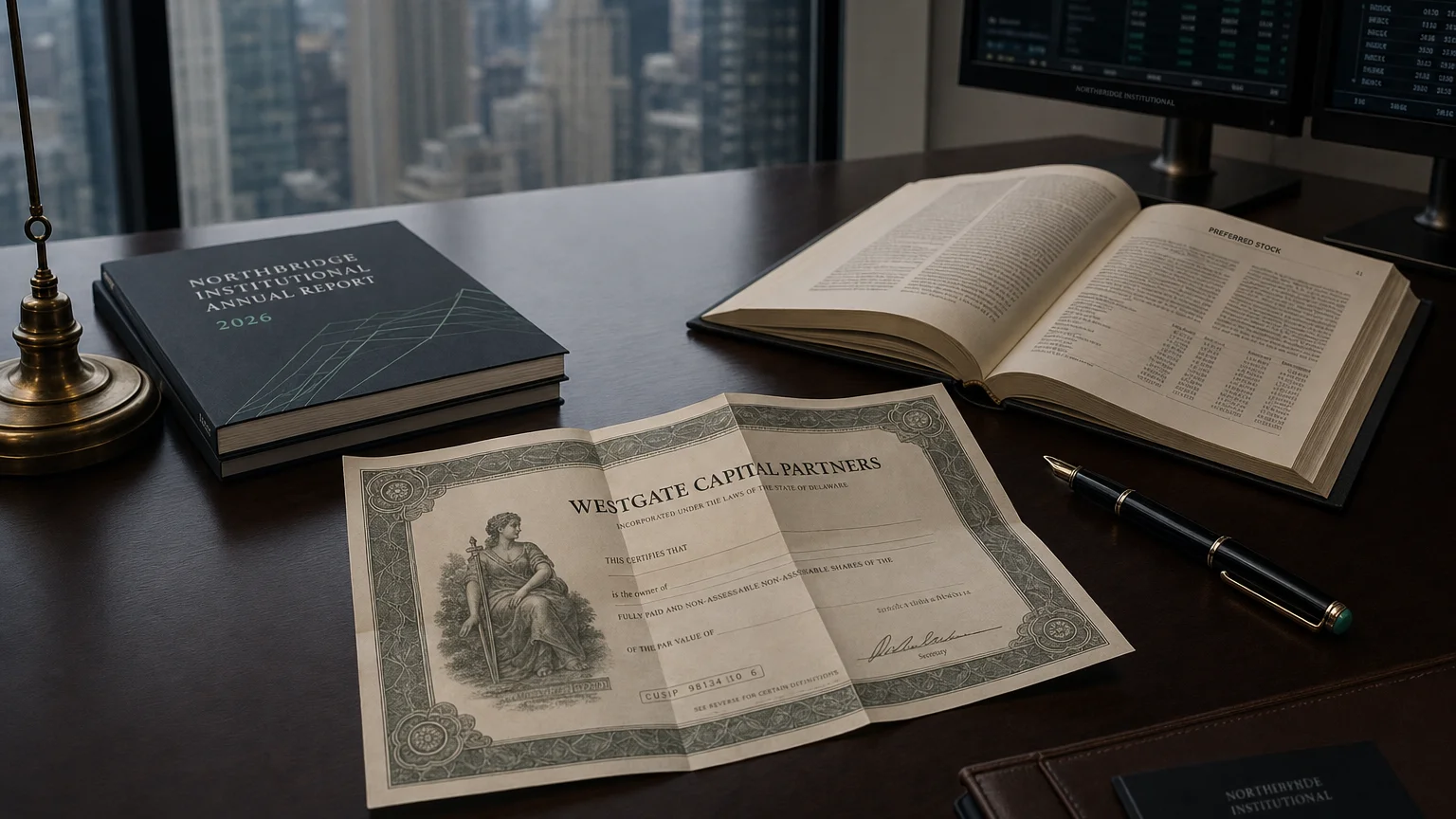 Corporate ledger or annual-report booklet open to the preferred stock chapter on a wooden desk.