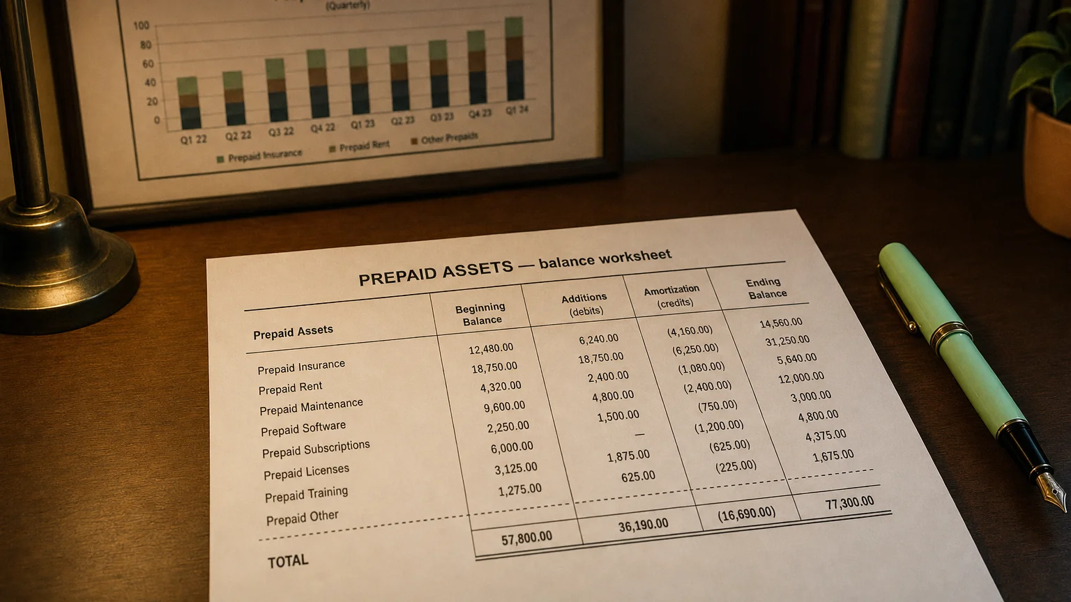 Accounting worksheet showing prepaid assets line items with neat column totals and a fountain pen.