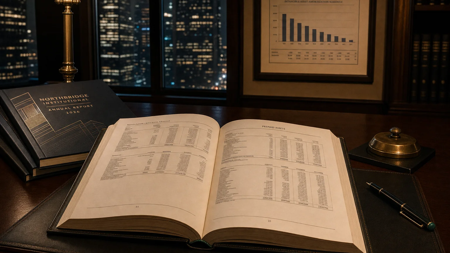 Corporate ledger or annual-report booklet open to the prepaid assets chapter on a wooden desk.