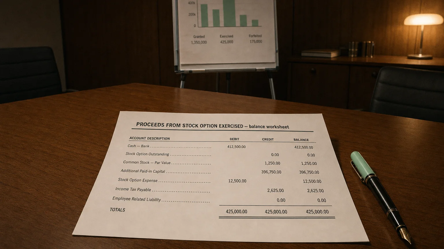 Accounting worksheet showing proceeds from stock option exercised line items with neat column totals and a fountain pen.