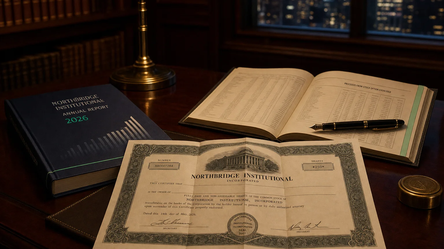 Corporate ledger or annual-report booklet open to the proceeds from stock option exercised chapter on a wooden desk.