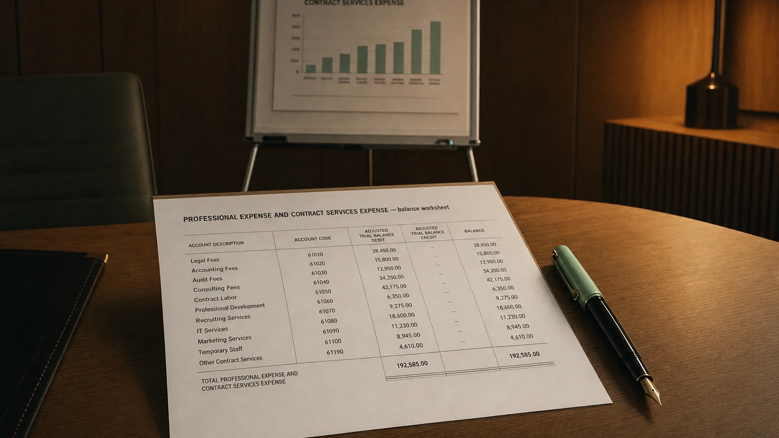 Accounting worksheet showing professional expense and contract services expense line items with neat column totals and a fountain pen.