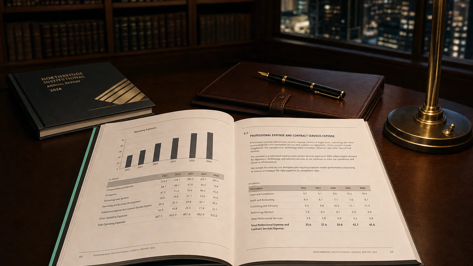 Corporate ledger or annual-report booklet open to the professional expense and contract services expense chapter on a wooden desk.