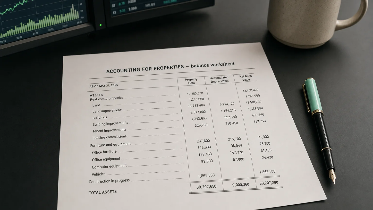 Accounting worksheet showing accounting for properties line items with neat column totals and a fountain pen.