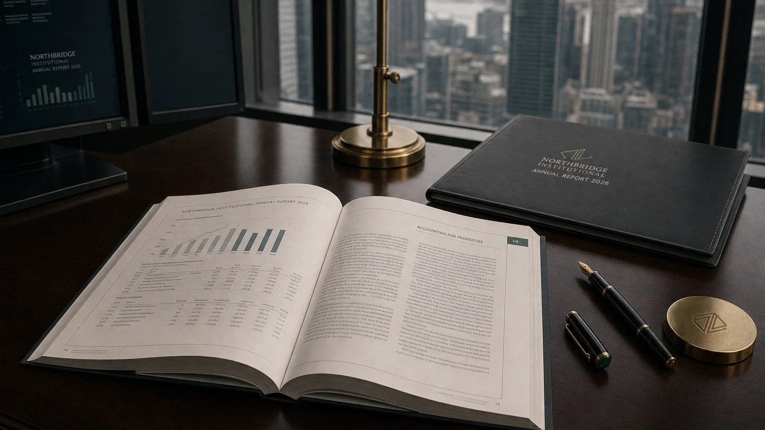 Corporate ledger or annual-report booklet open to the accounting for properties chapter on a wooden desk.