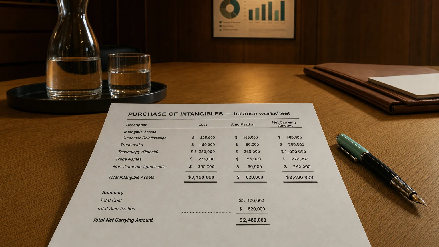 Accounting worksheet showing purchase of intangibles line items with neat column totals and a fountain pen.