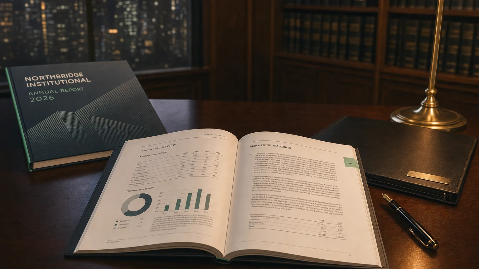 Corporate ledger or annual-report booklet open to the purchase of intangibles chapter on a wooden desk.