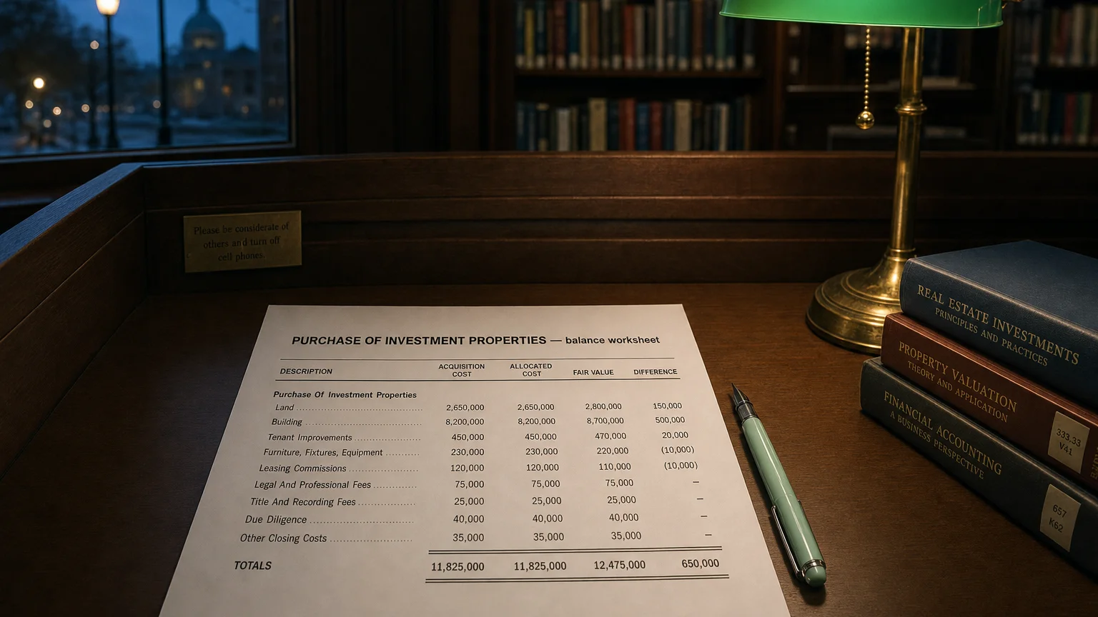 Accounting worksheet showing purchase of investment properties line items with neat column totals and a fountain pen.
