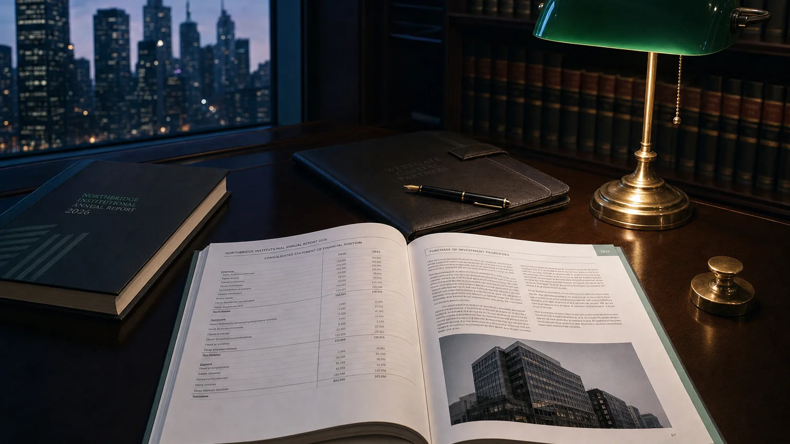 Corporate ledger or annual-report booklet open to the purchase of investment properties chapter on a wooden desk.
