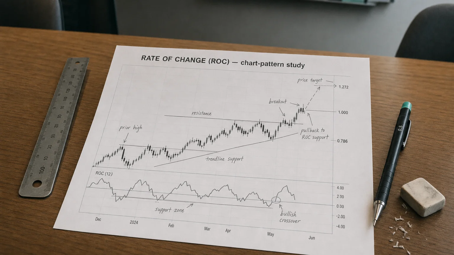 Printed candlestick chart annotated with hand-drawn rate of change (roc) pattern markers on an analyst desk.