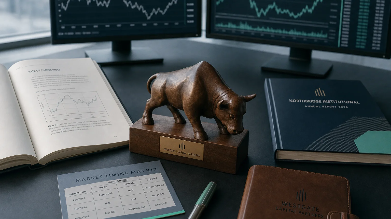 Trading-desk artifact representing rate of change (roc) — textbook page and bull-or-bear desk sculpture.