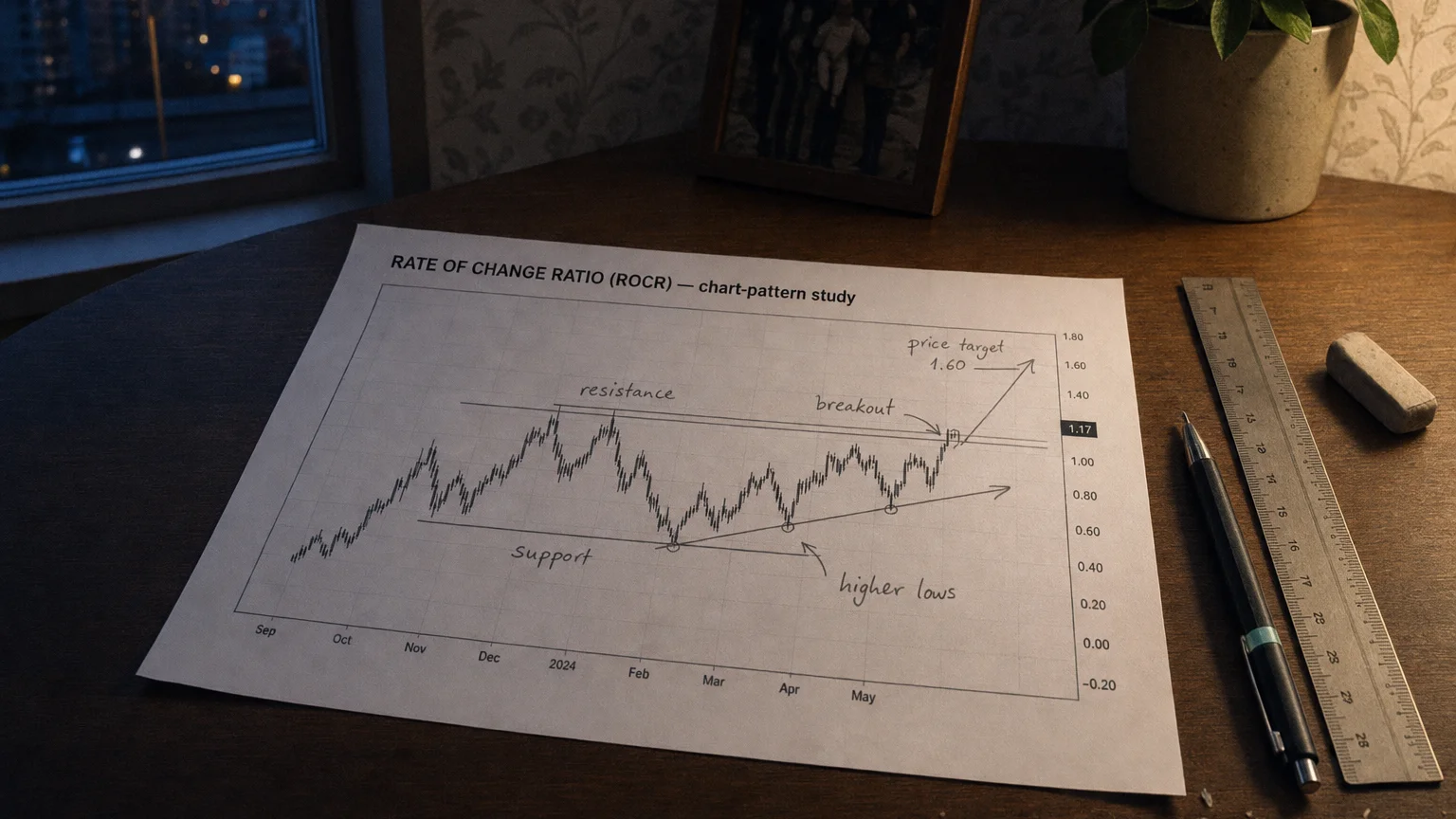 Printed candlestick chart annotated with hand-drawn rate of change ratio (rocr) pattern markers on an analyst desk.