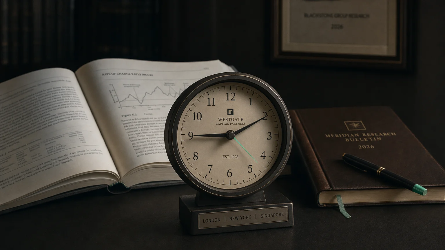 Trading-desk artifact representing rate of change ratio (rocr) — textbook page and bull-or-bear desk sculpture.