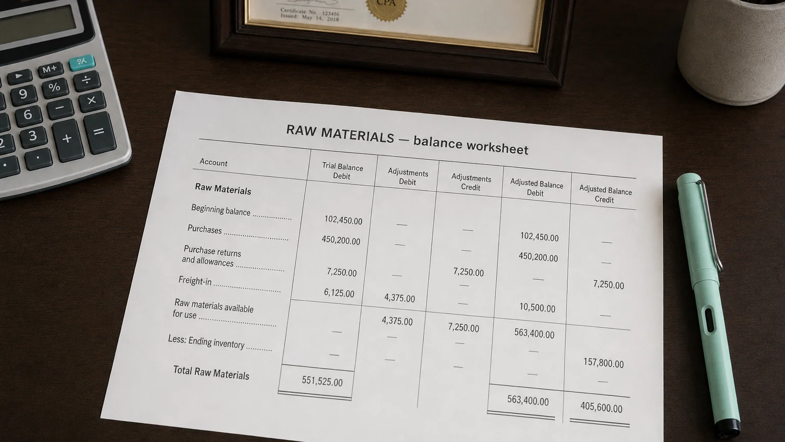 Accounting worksheet showing raw materials line items with neat column totals and a fountain pen.