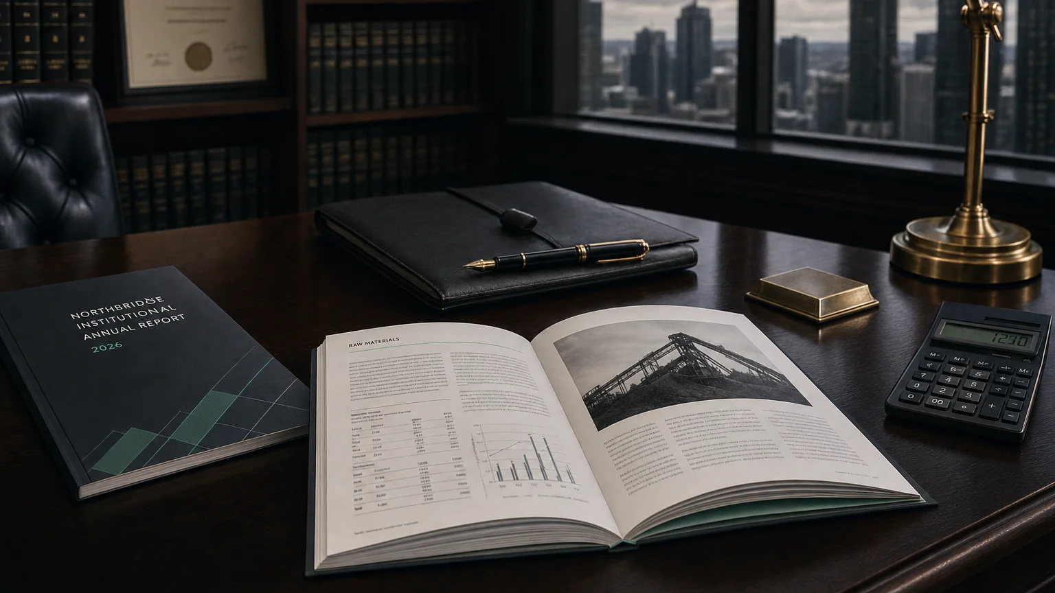 Corporate ledger or annual-report booklet open to the raw materials chapter on a wooden desk.