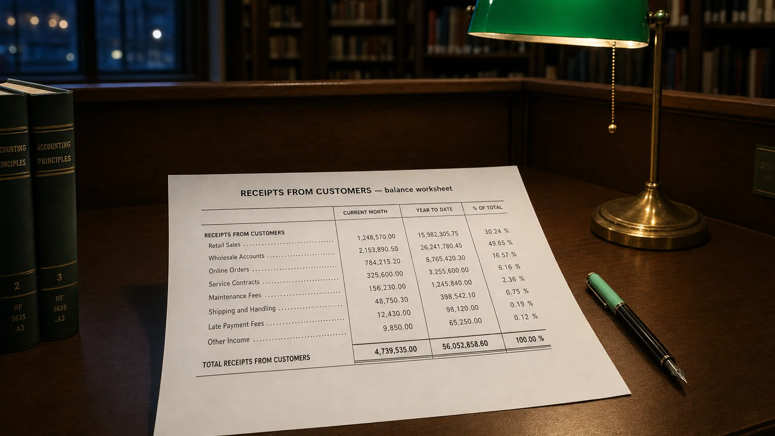 Accounting worksheet showing receipts from customers line items with neat column totals and a fountain pen.