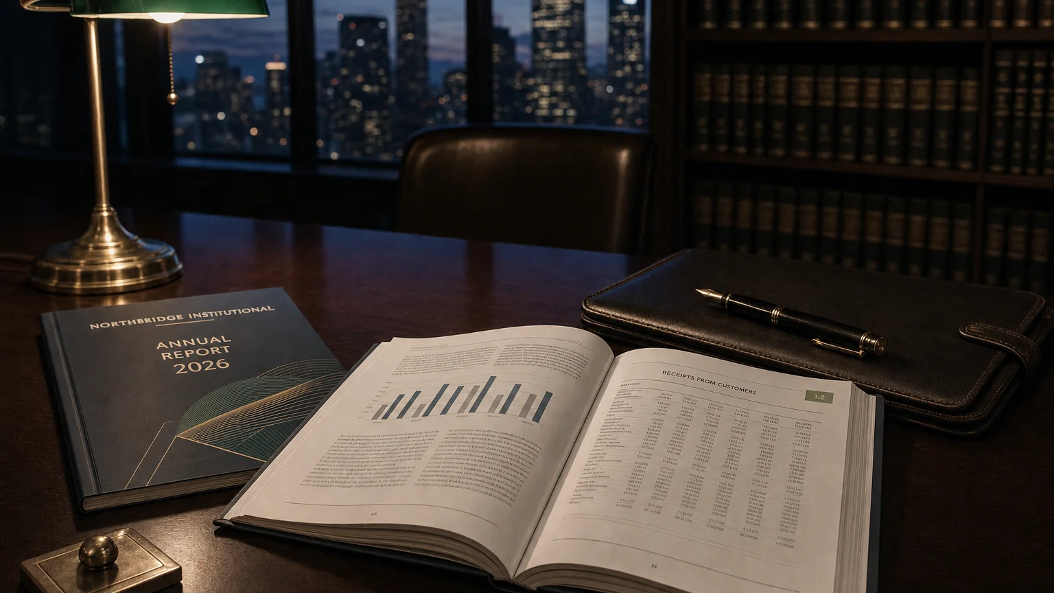 Corporate ledger or annual-report booklet open to the receipts from customers chapter on a wooden desk.
