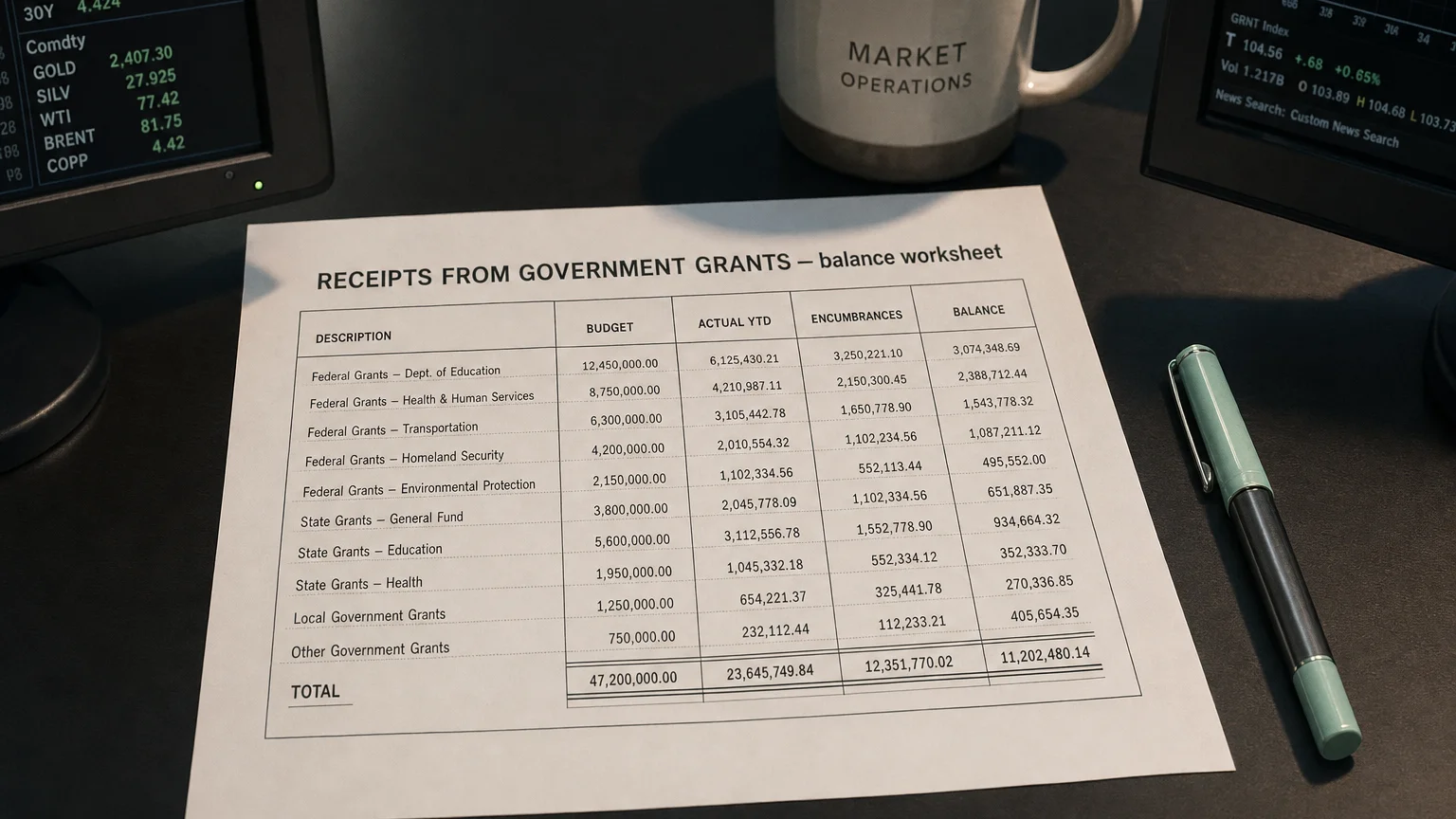 Accounting worksheet showing receipts from government grants line items with neat column totals and a fountain pen.