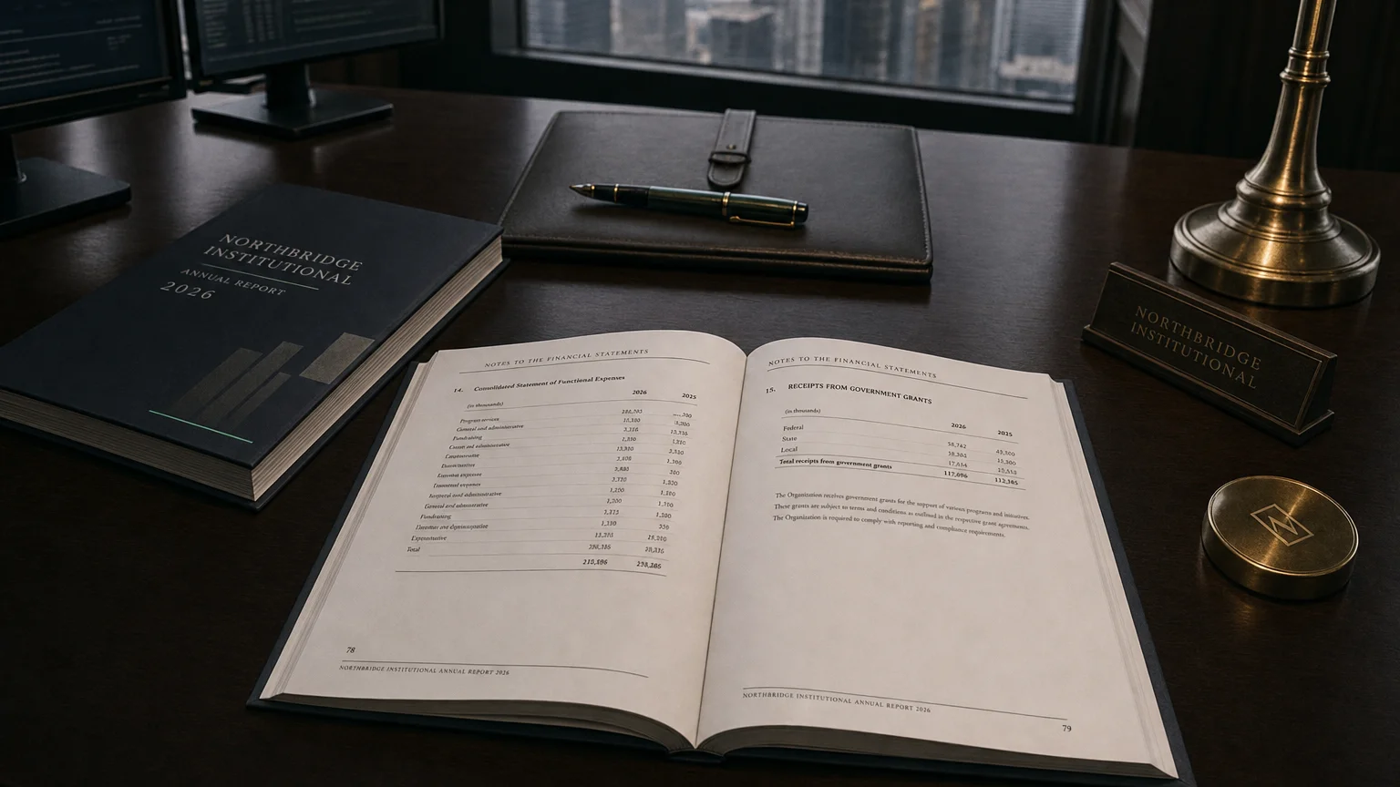 Corporate ledger or annual-report booklet open to the receipts from government grants chapter on a wooden desk.