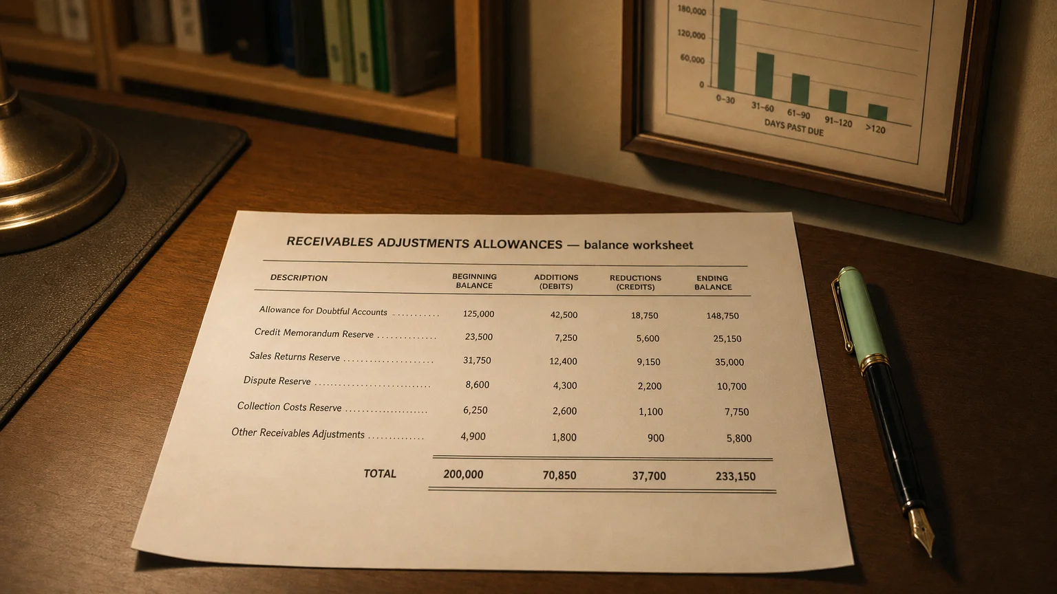 Accounting worksheet showing receivables adjustments allowances line items with neat column totals and a fountain pen.