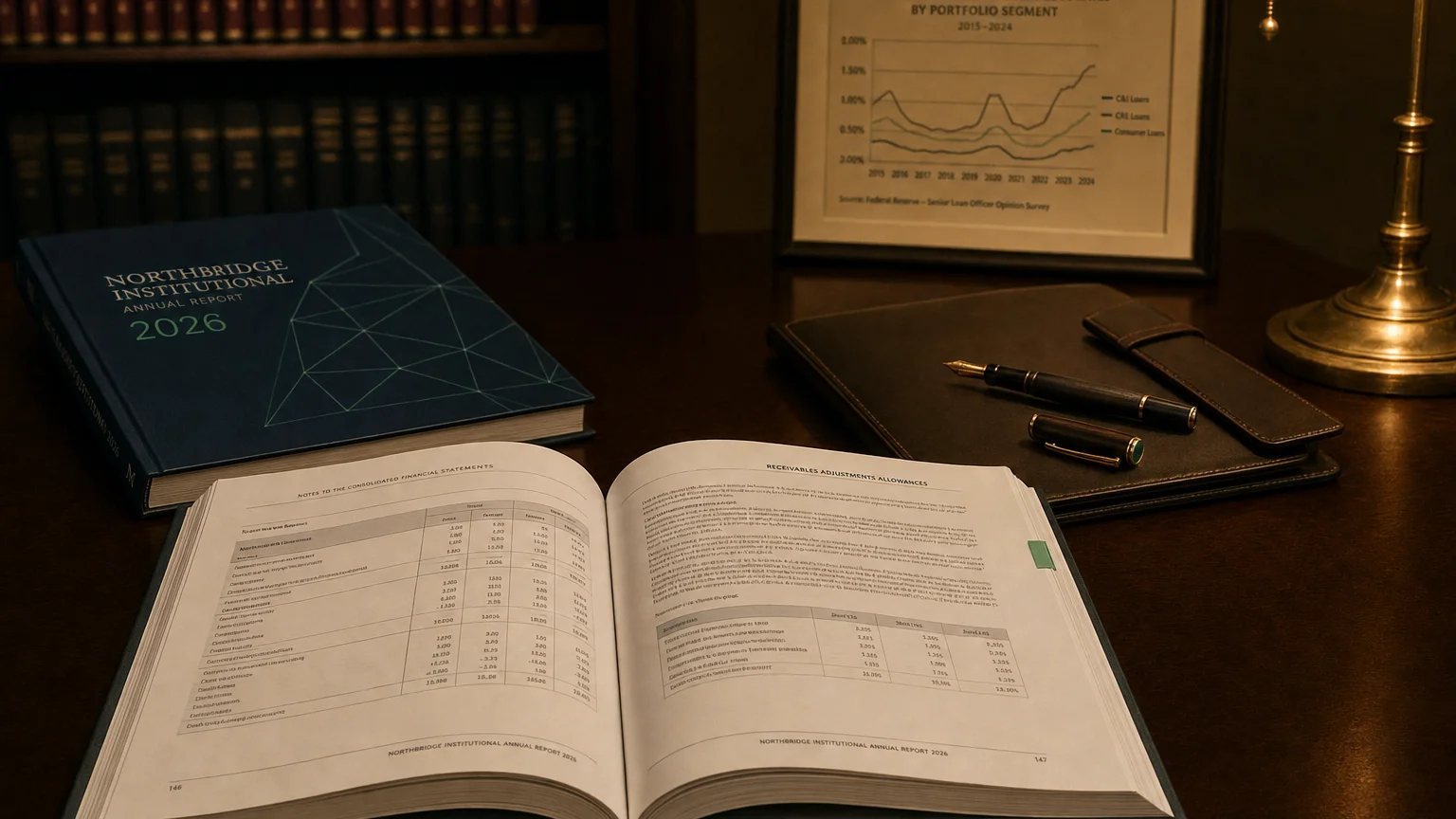 Corporate ledger or annual-report booklet open to the receivables adjustments allowances chapter on a wooden desk.