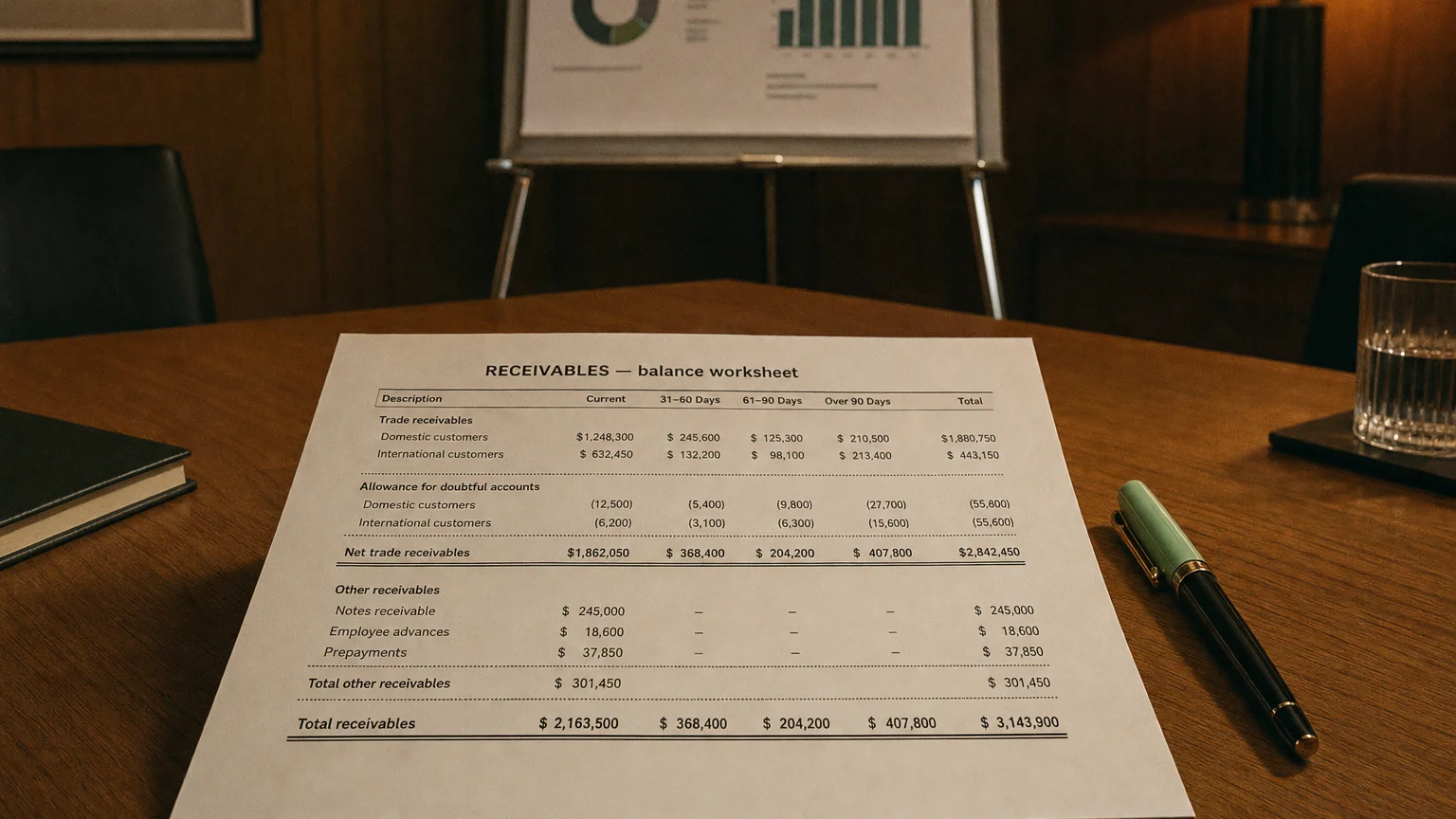 Accounting worksheet showing receivables line items with neat column totals and a fountain pen.