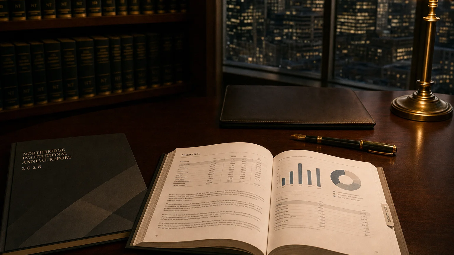 Corporate ledger or annual-report booklet open to the receivables chapter on a wooden desk.