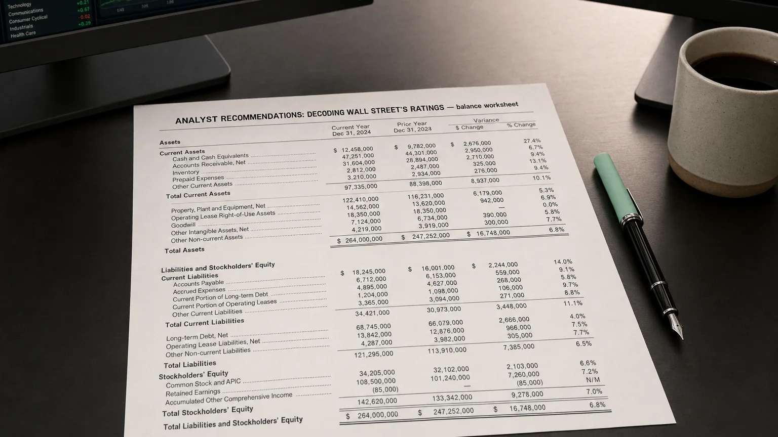 Accounting worksheet showing analyst recommendations: decoding wall street's ratings line items with neat column totals and a fountain pen.