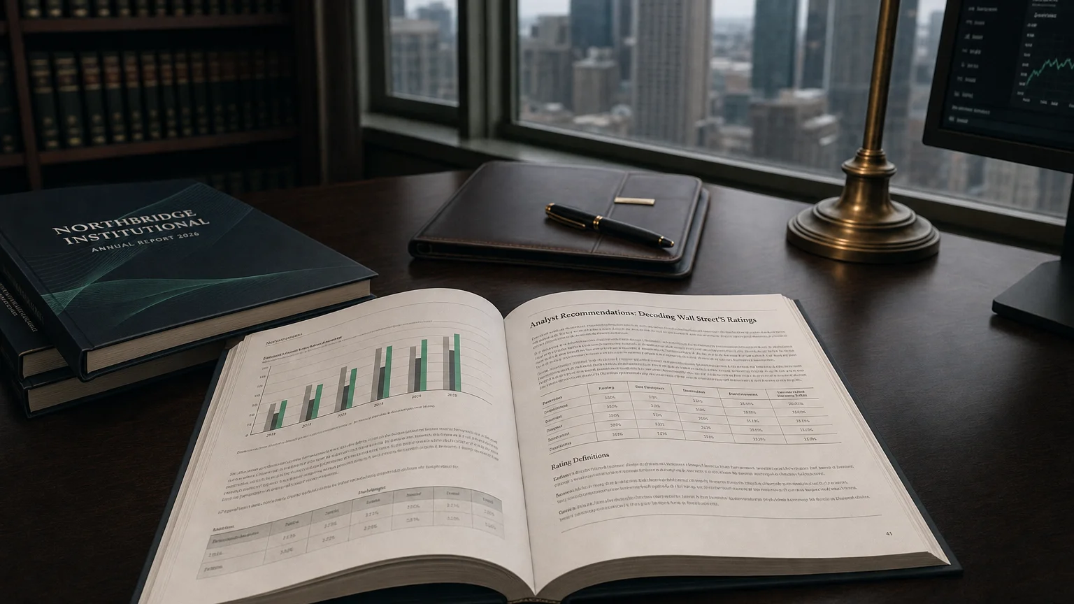 Corporate ledger or annual-report booklet open to the analyst recommendations: decoding wall street's ratings chapter on a wooden desk.