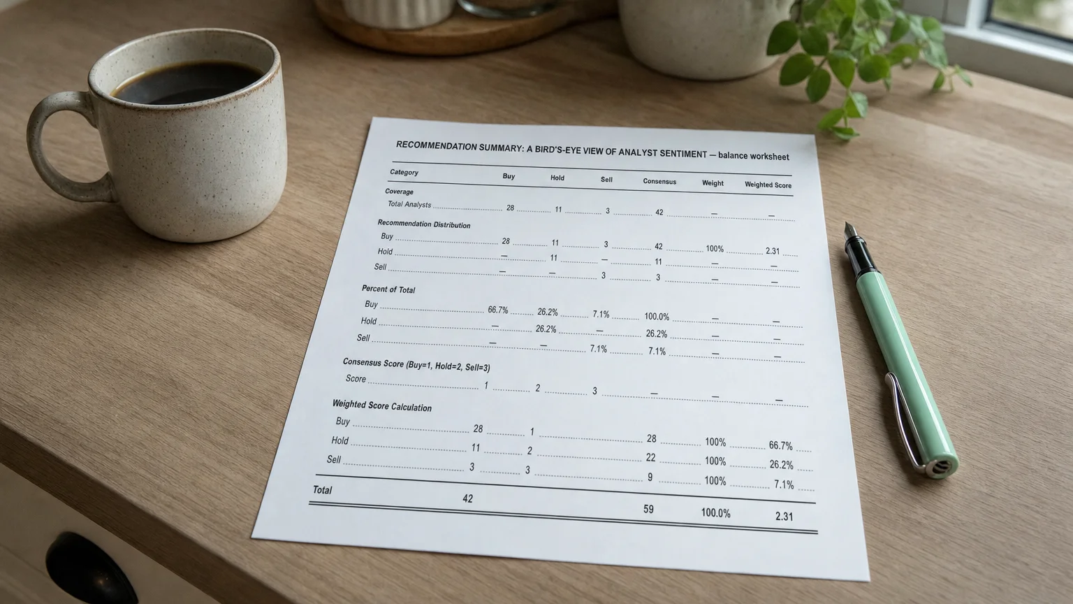 Accounting worksheet showing recommendation summary: a bird's-eye view of analyst se line items with neat column totals and a fountain pen.