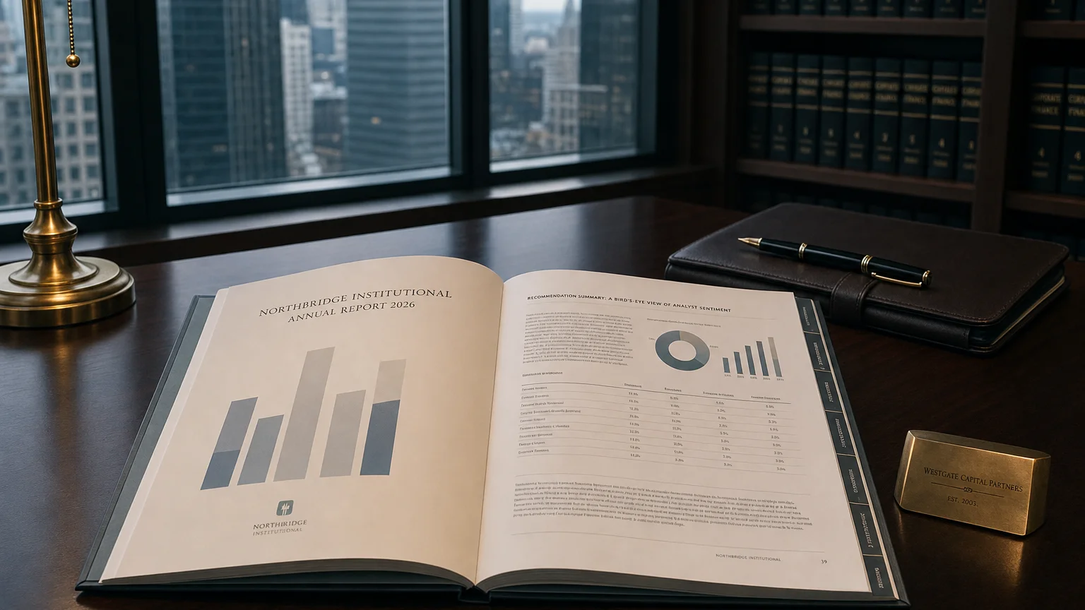 Corporate ledger or annual-report booklet open to the recommendation summary: a bird's-eye view of analyst se chapter on a wooden desk.