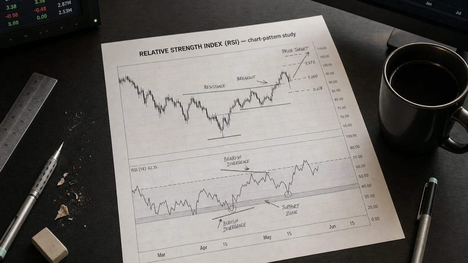 Printed candlestick chart annotated with hand-drawn relative strength index (rsi) pattern markers on an analyst desk.