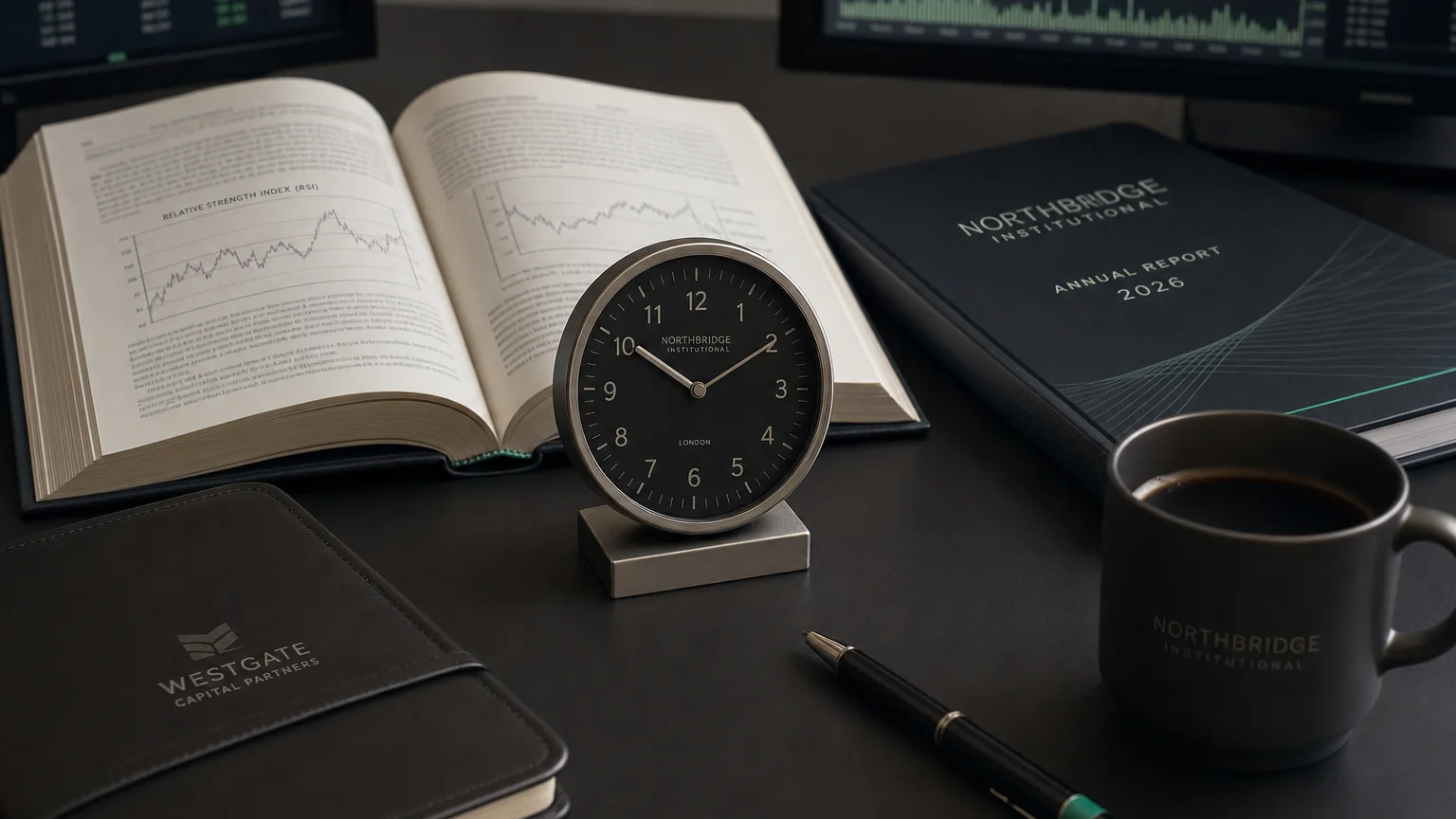 Trading-desk artifact representing relative strength index (rsi) — textbook page and bull-or-bear desk sculpture.
