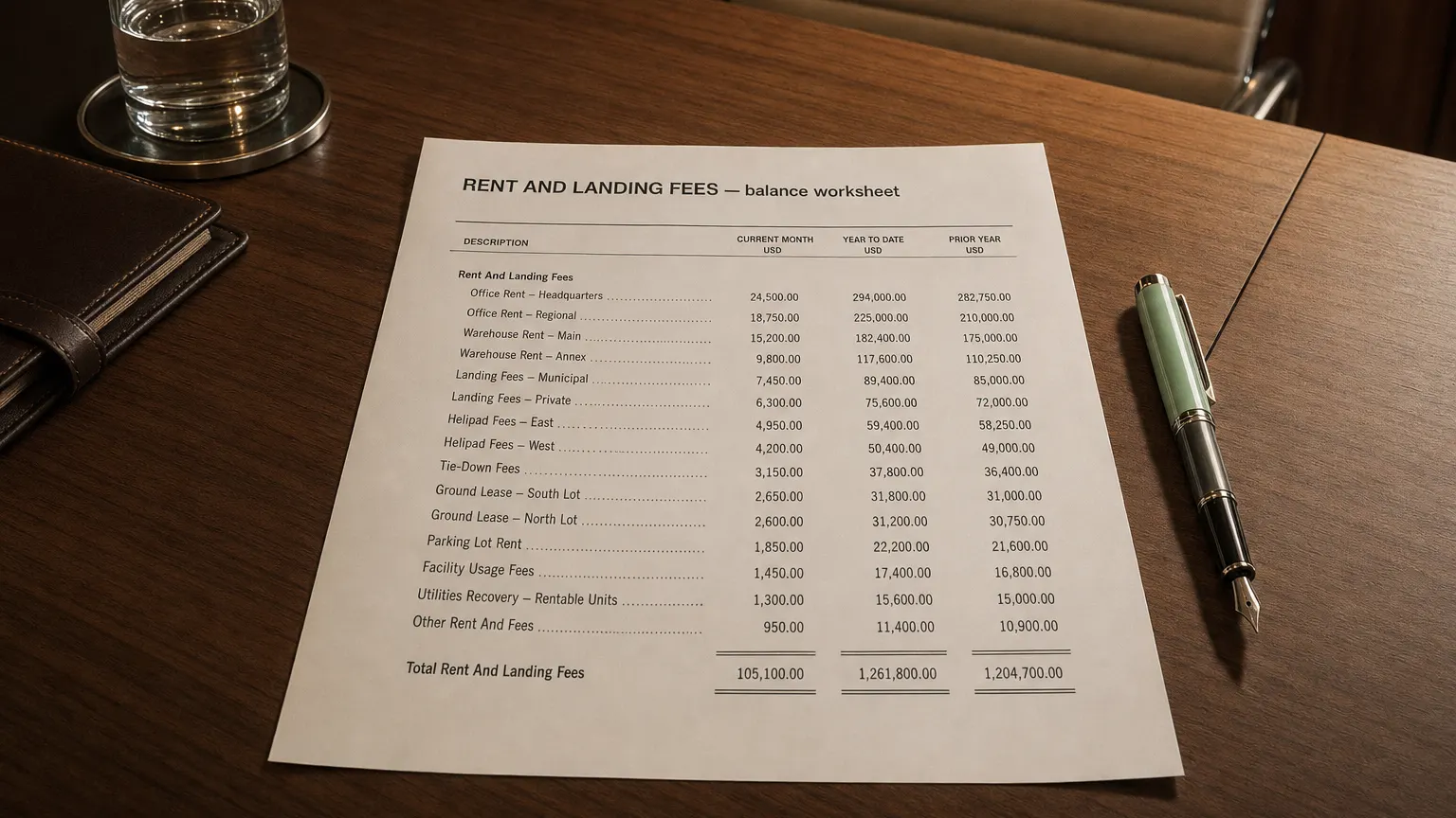 Accounting worksheet showing rent and landing fees line items with neat column totals and a fountain pen.