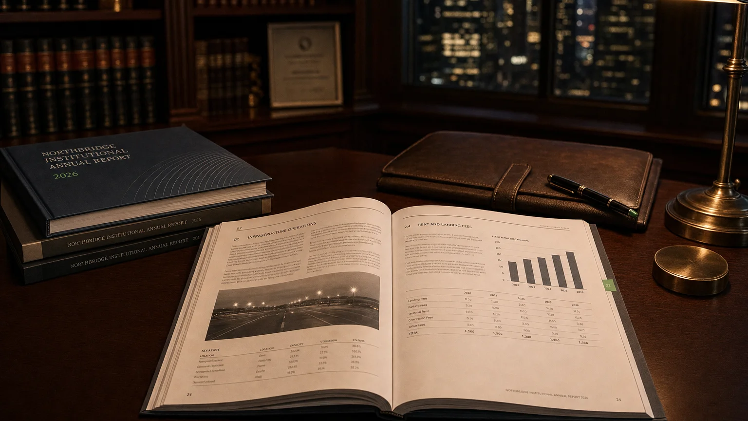 Corporate ledger or annual-report booklet open to the rent and landing fees chapter on a wooden desk.