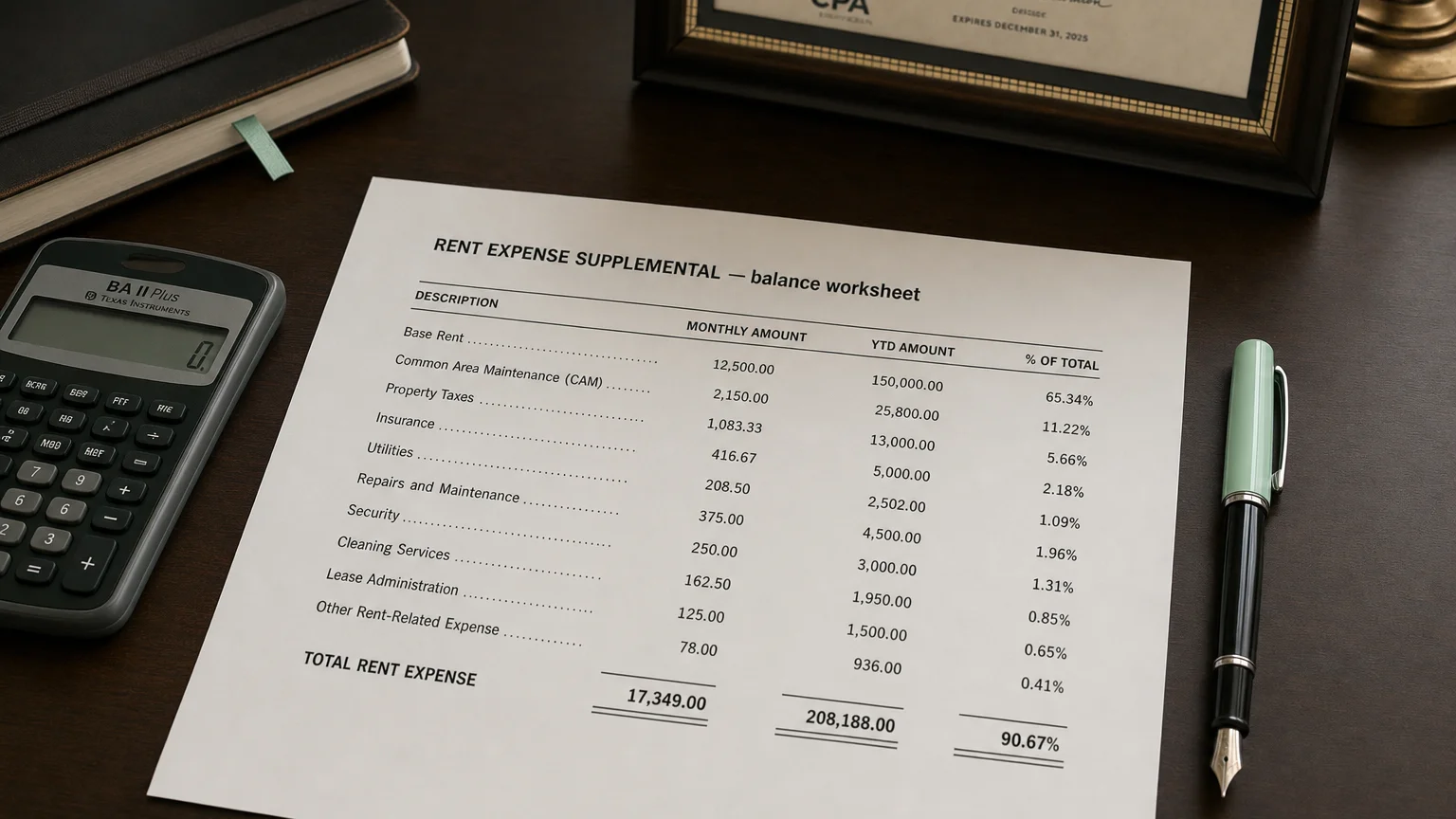 Accounting worksheet showing rent expense supplemental line items with neat column totals and a fountain pen.