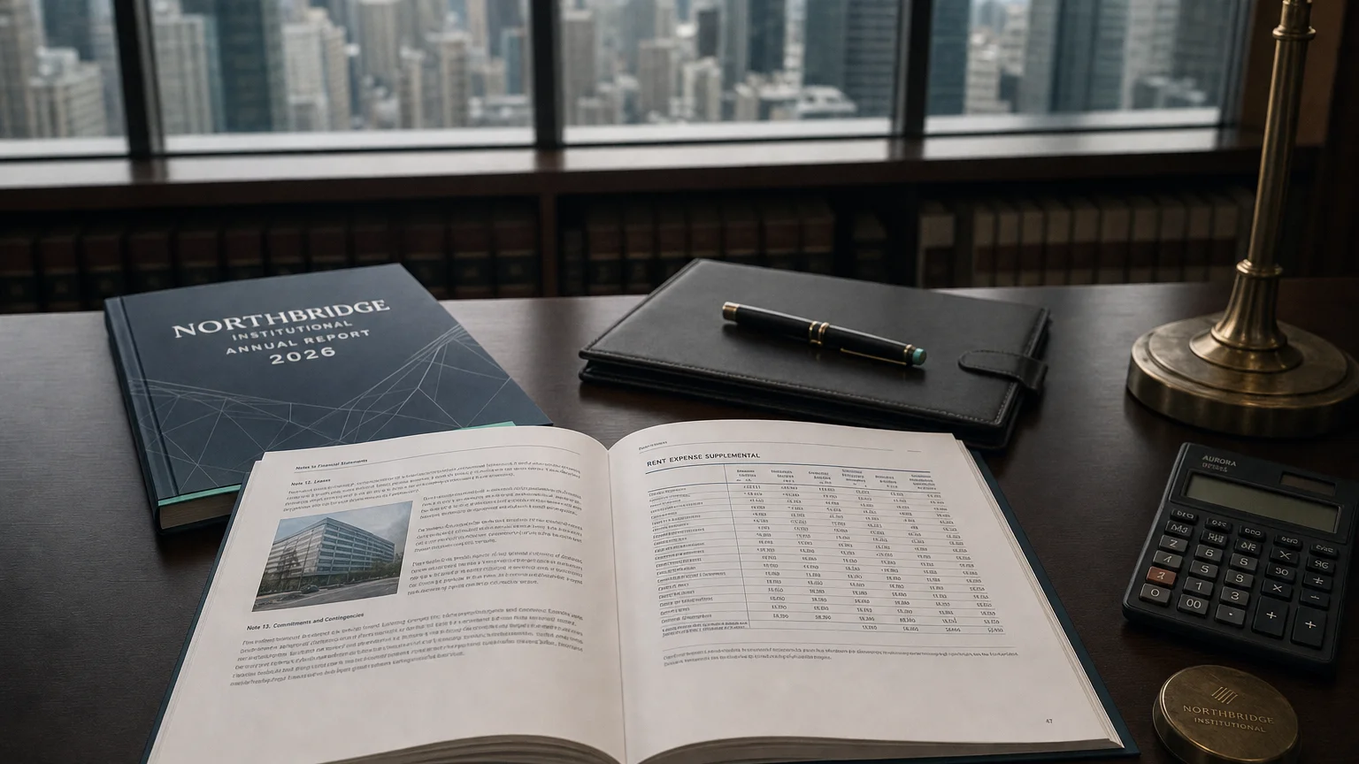 Corporate ledger or annual-report booklet open to the rent expense supplemental chapter on a wooden desk.