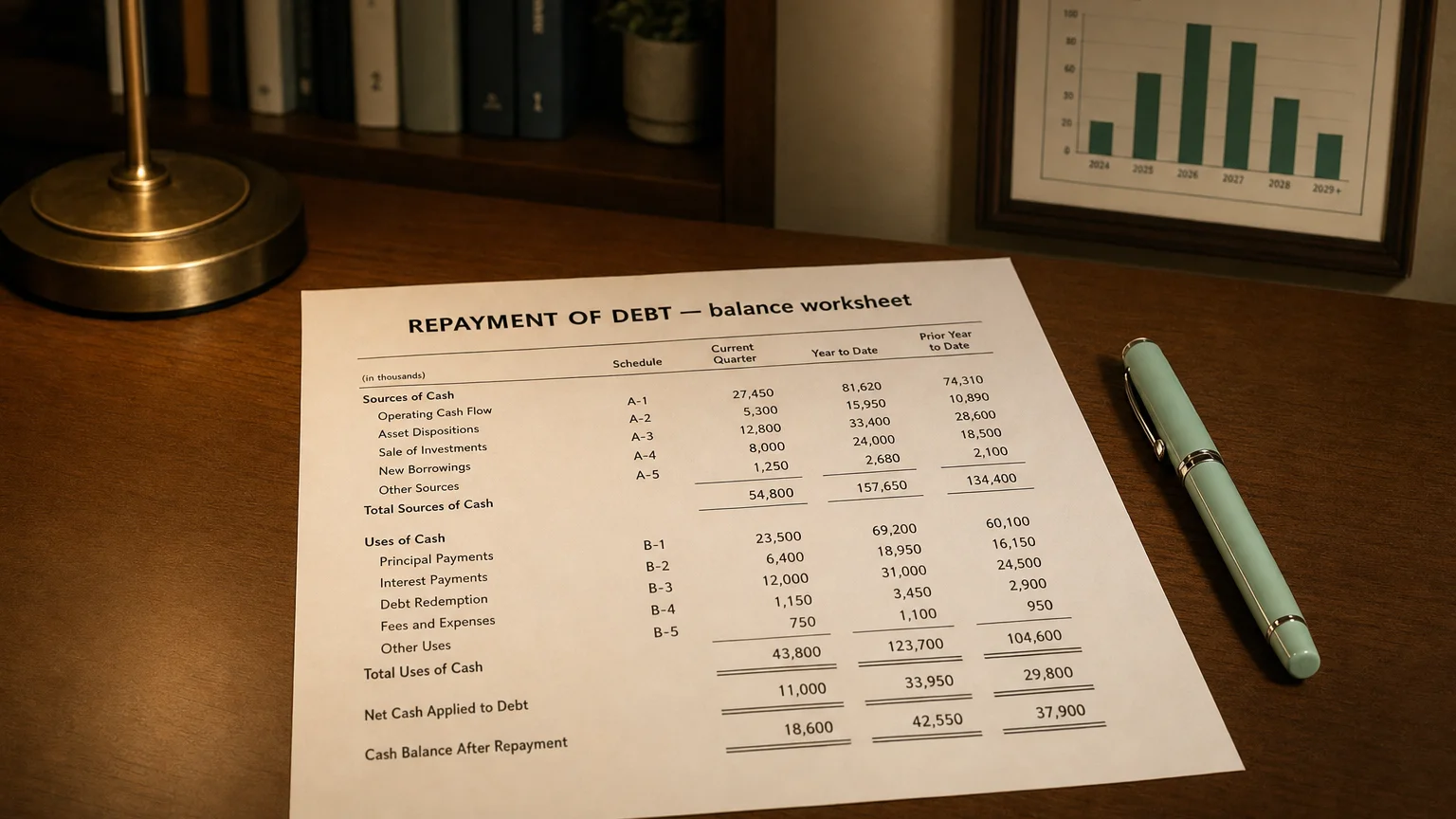 Accounting worksheet showing repayment of debt line items with neat column totals and a fountain pen.