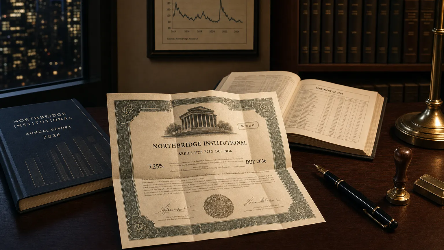 Corporate ledger or annual-report booklet open to the repayment of debt chapter on a wooden desk.